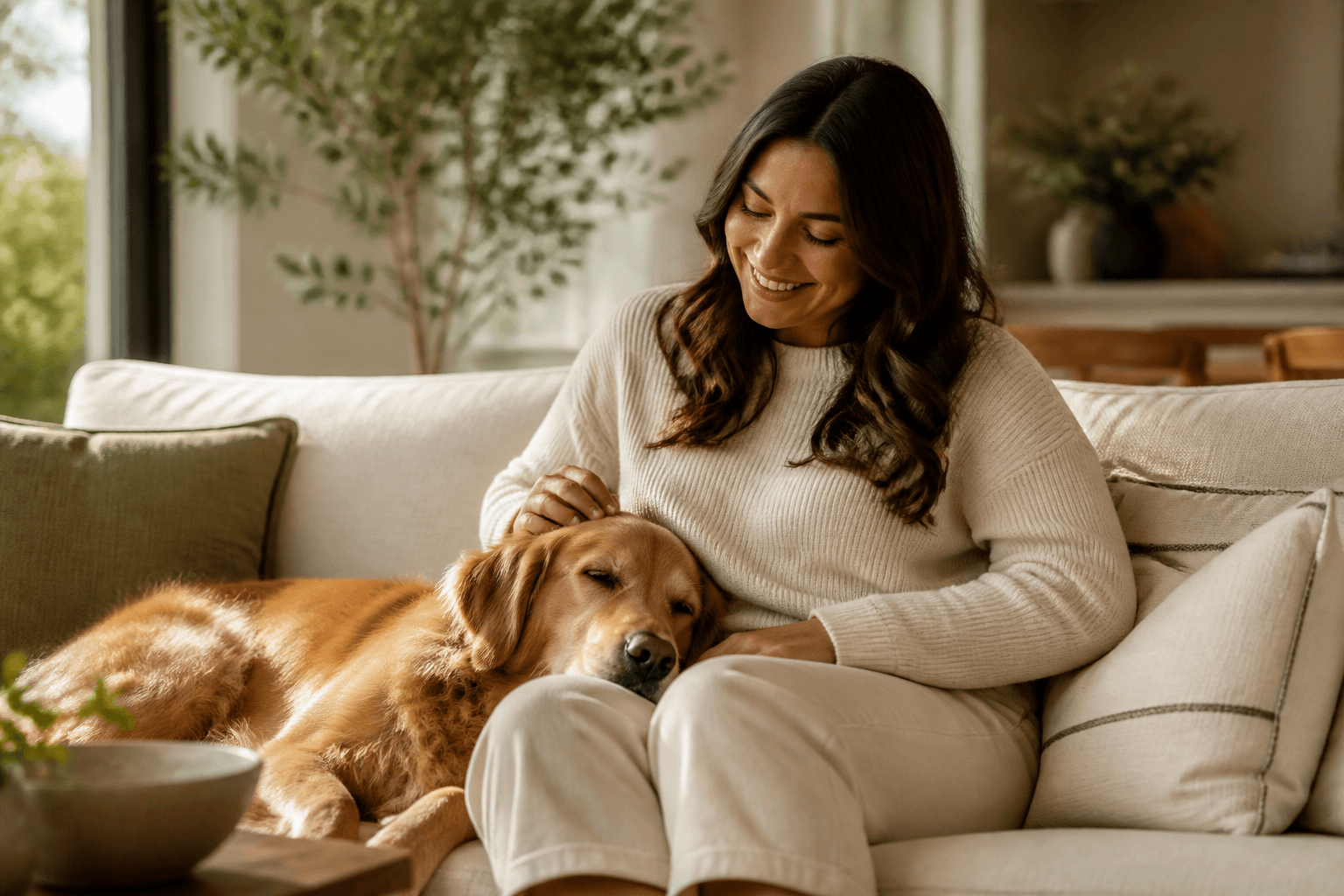 A woman relaxing on a sofa with her golden retriever