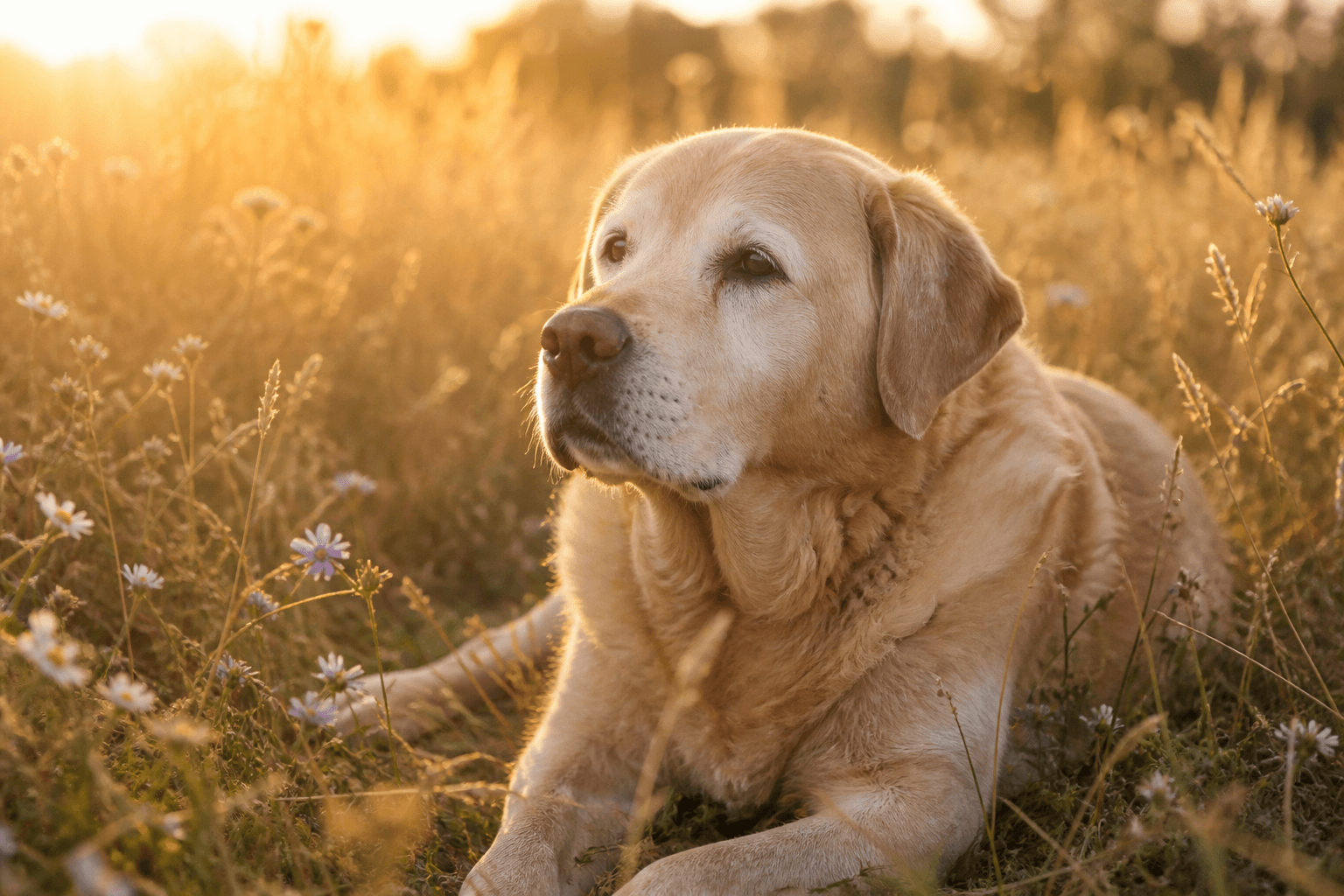 Luna resting peacefully in a golden meadow