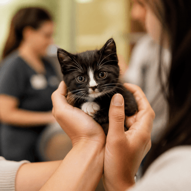 A tiny kitten held gently in cupped hands